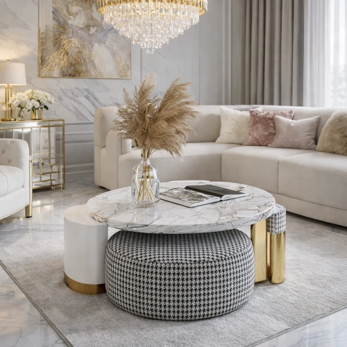 Pufa Okrągła Pepitka Nowoczesna Designerska Siedzisko Podnóżek Do Salonu Sypialni Home Premium